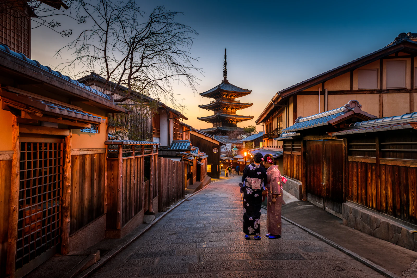 Two visitors in kimono on a historic street in Kyoto