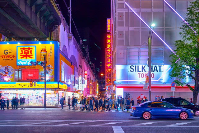 Neon signs and pedestrians near Akihabara Station in Tokyo