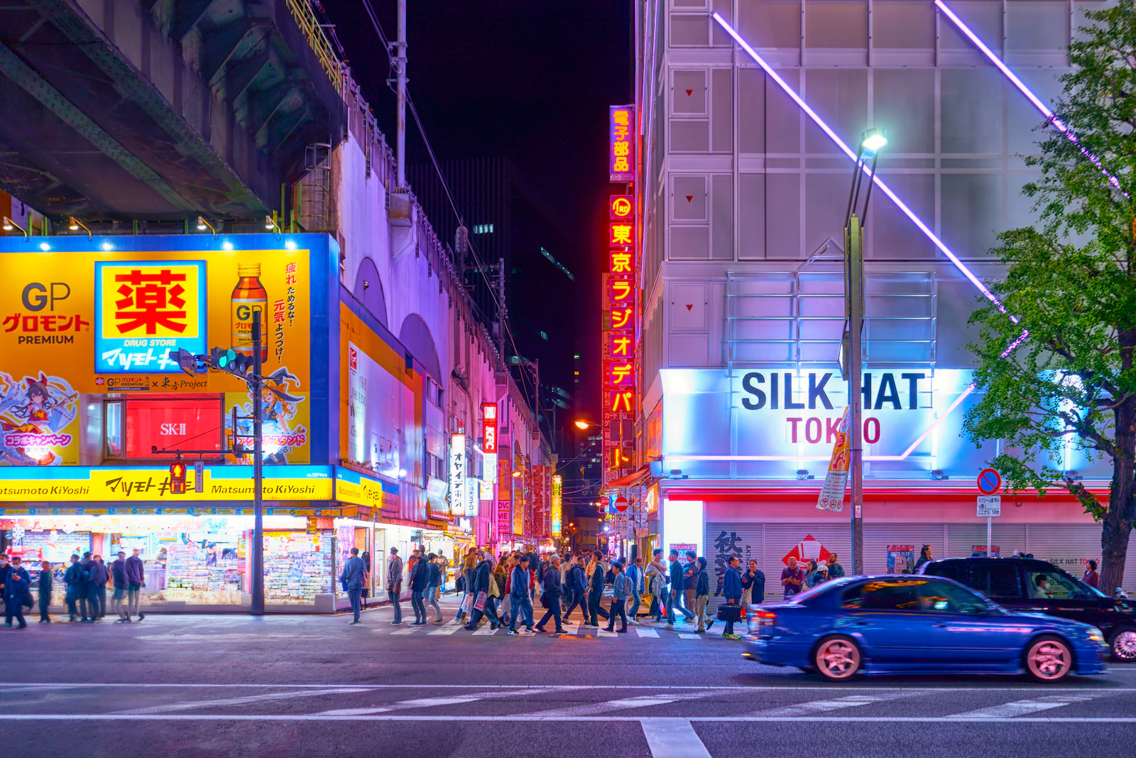 Neon signs and pedestrians near Akihabara Station in Tokyo